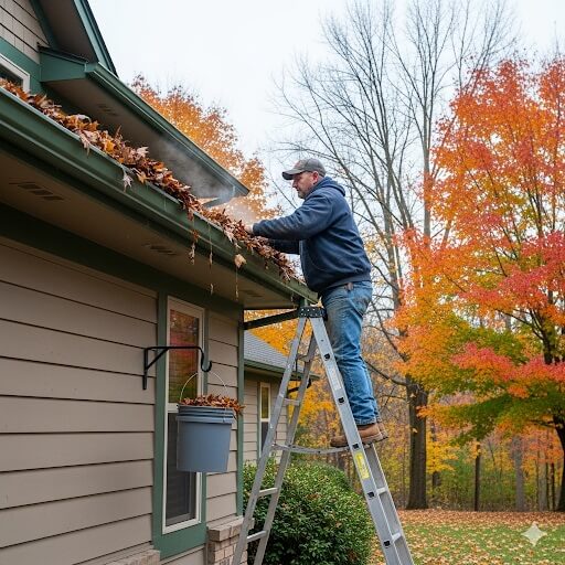 man on ladder removing leaves