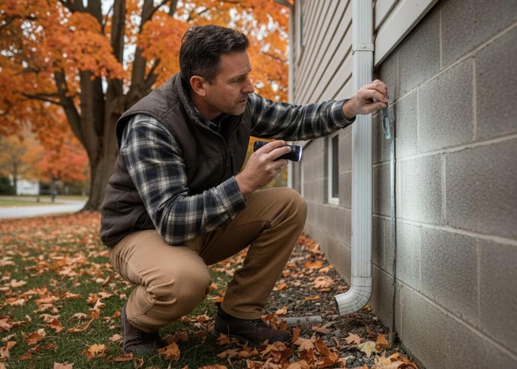 a man inspecting his foundation in the fall
