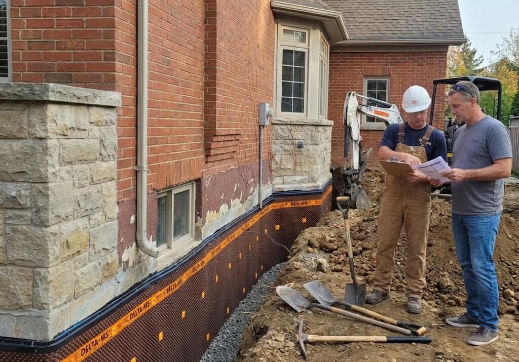foreman and exterior foundation worker discussing details